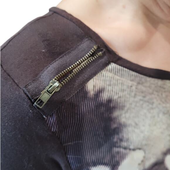 Monteau LA Sheer Art Floral Top M Mixed Media Zipper Shoulder Blouse Mallcore - Picture 5 of 9